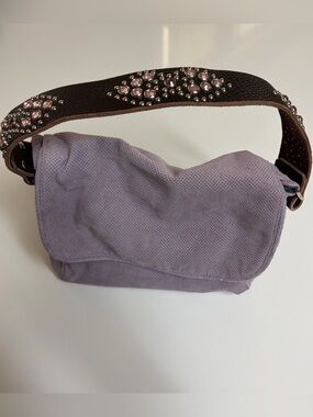 Tylie Malibu Lavender Suede Shoulder Bag with Studded Brown Strap.